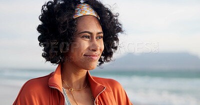 Buy stock photo Woman, thinking and ocean for peace, holiday and Bali location for environmental inspiration. Female person, memory nostalgia and calm breeze for tourist at beach, weekend trip and travel to sea