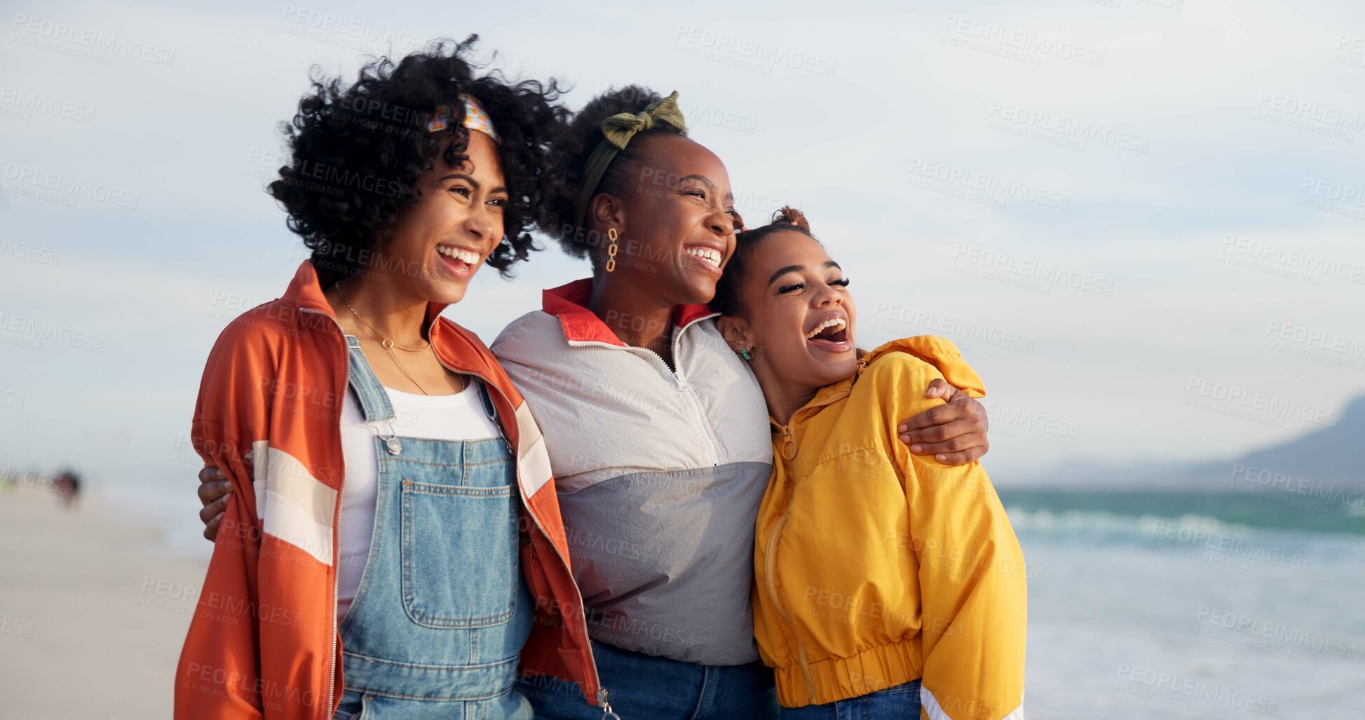 Buy stock photo Friends, hug and outdoor laugh on sand, beach freedom and weekend trip to ocean waves. Women, people and travel to sea with energy for funny conversation, embrace and holiday for humor in Mauritius