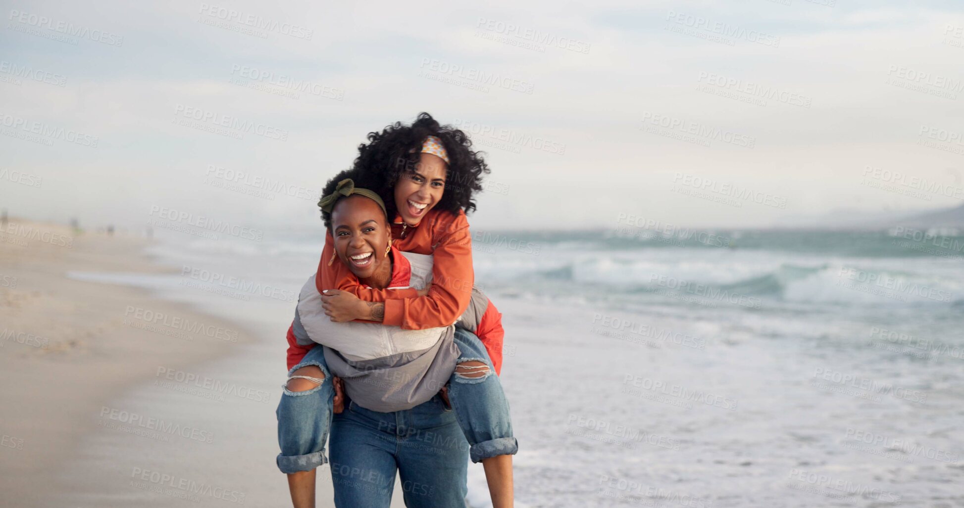 Buy stock photo Beach, laughing and friends in portrait with piggyback, playful and bonding with connection by space. Outdoor, happy people or women in ocean for vacation, adventure and weekend holiday in Florida