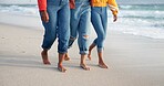 Friends, beach and legs walking together on sand, outdoor freedom and weekend trip to ocean waves. Women, people and travel to sea with feet for vacation, tropical and holiday for peace in Mauritius