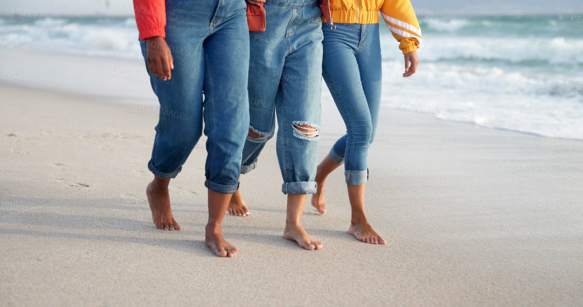 Buy stock photo Friends, beach and legs walking together on sand, outdoor freedom and weekend trip to ocean waves. Women, people and travel to sea with feet for vacation, tropical and holiday for peace in Mauritius