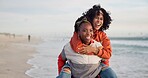 Friends, piggyback and smile with women on beach together for holiday, travel or vacation in summer. Love, support and trust with happy people having fun outdoor at ocean or sea for weekend bonding