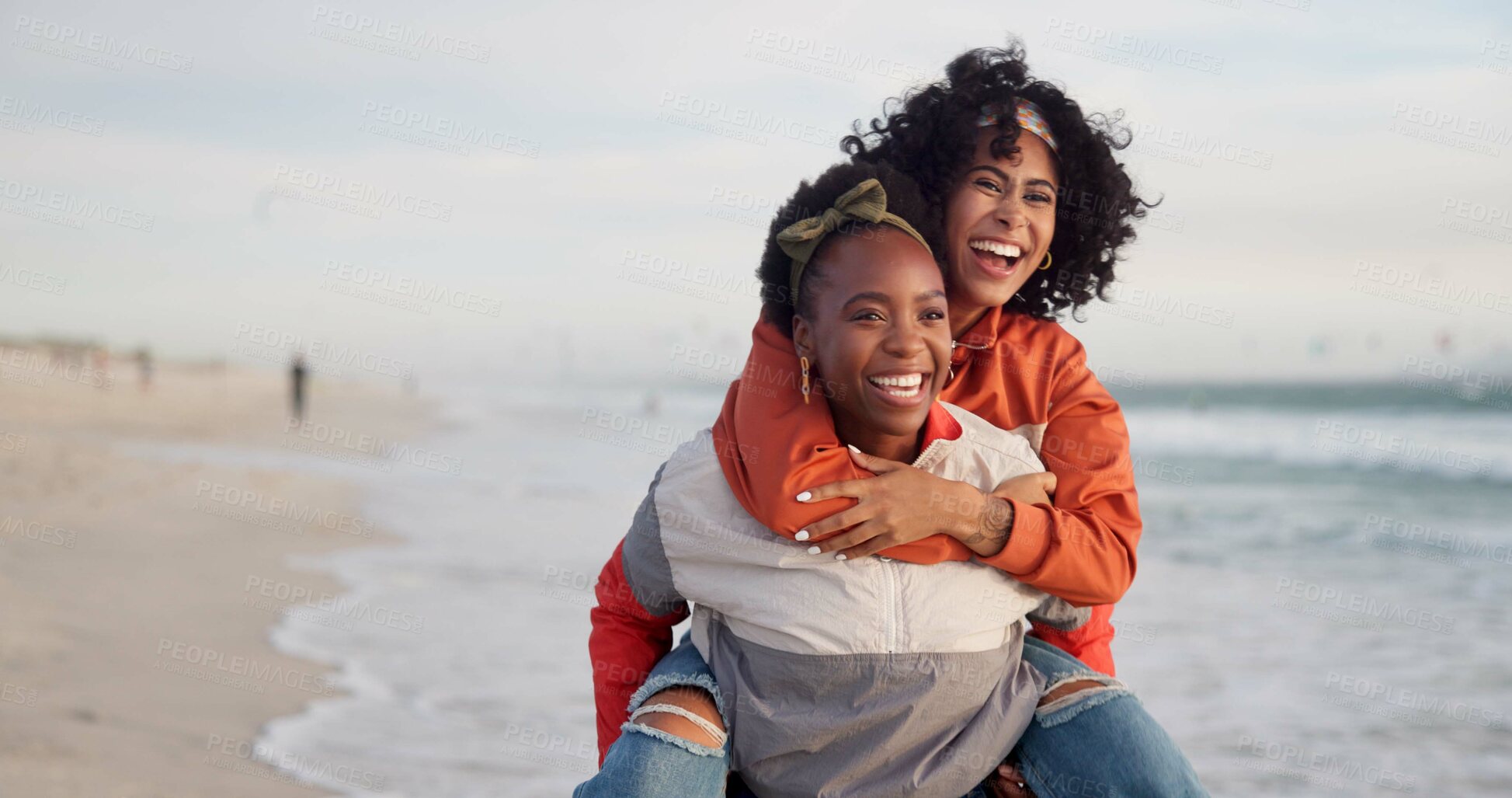 Buy stock photo Friends, piggyback and smile with women on beach together for holiday, travel or vacation in summer. Love, support and trust with happy people having fun outdoor at ocean or sea for weekend bonding