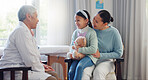 Pediatrician, child and mother at hospital consultation with help of mature woman and teddy with health check. Smile, clinic and healthcare with exam, young girl and wellness with family doctor