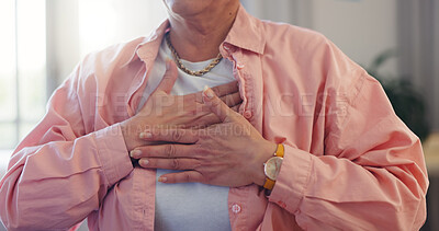 Buy stock photo Pain, hands on chest and mature woman in home with heart attack, stroke and asthma symptoms. Healthcare, hypertension and person with discomfort for medical emergency, crisis and breathing problem