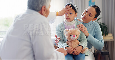 Buy stock photo Woman doctor, child and check fever at hospital, pediatrician and sick girl for assessment. Mature nurse, helping kid and touching head for physician examination, health and parent support at checkup