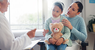 Buy stock photo Pediatrician, child and mom with consultation, checklist and talking of mature woman and teddy with health check. Smile, clinic and healthcare with exam, young girl and wellness with family doctor