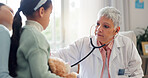 Healthcare, stethoscope and doctor with child listening for consulting, medical service and help in clinic. Hospital, pediatrician and woman with mom and girl for diagnosis, breathe and wellness