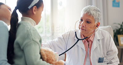 Buy stock photo Healthcare, stethoscope and doctor with child listening for consulting, medical service and help in clinic. Hospital, pediatrician and woman with mom and girl for diagnosis, breathe and wellness