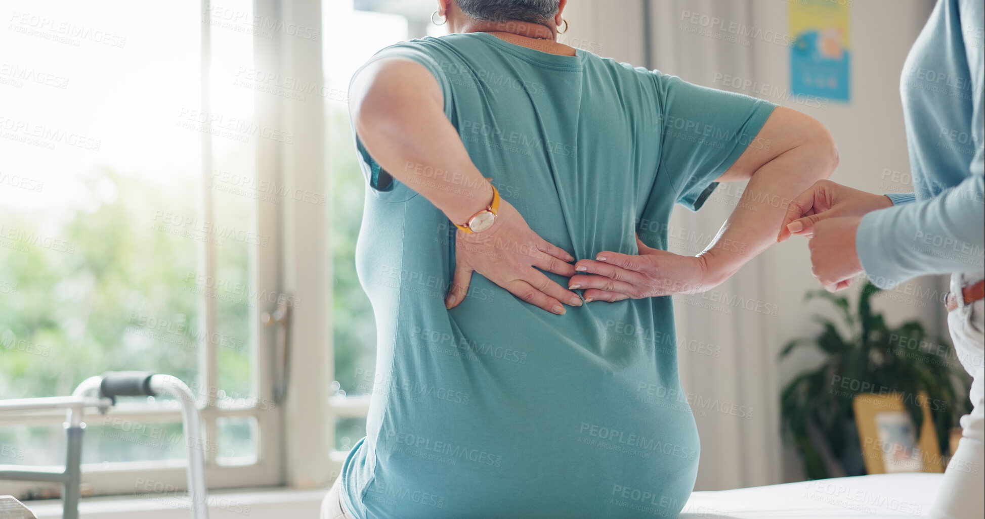 Buy stock photo Back pain, physiotherapy and office with people in consultation for medical, support and recovery. Woman, injury and patient with assessment for osteoporosis, rehabilitation or physiotherapist advice