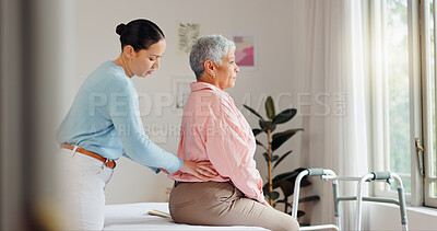 Buy stock photo Back pain, physiotherapy and mature woman for medical service, consulting and wellness. Healthcare, chiropractor and physical therapist with senior patient for rehabilitation, recovery and mobility