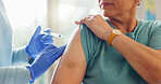 Needle, glove and hand of doctor with patient for injection, cure or vaccination in clinic. Medical, consultation and arm of person for immunization syringe with healthcare worker in hospital.