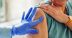 Plaster, glove and hand of doctor with patient for injection, cure or vaccination in clinic. Medical, consultation and arm of person with bandage for immunization with healthcare worker in hospital.