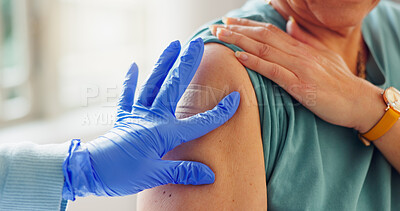 Buy stock photo Plaster, glove and hand of doctor with patient for injection, cure or vaccination in clinic. Medical, consultation and arm of person with bandage for immunization with healthcare worker in hospital.