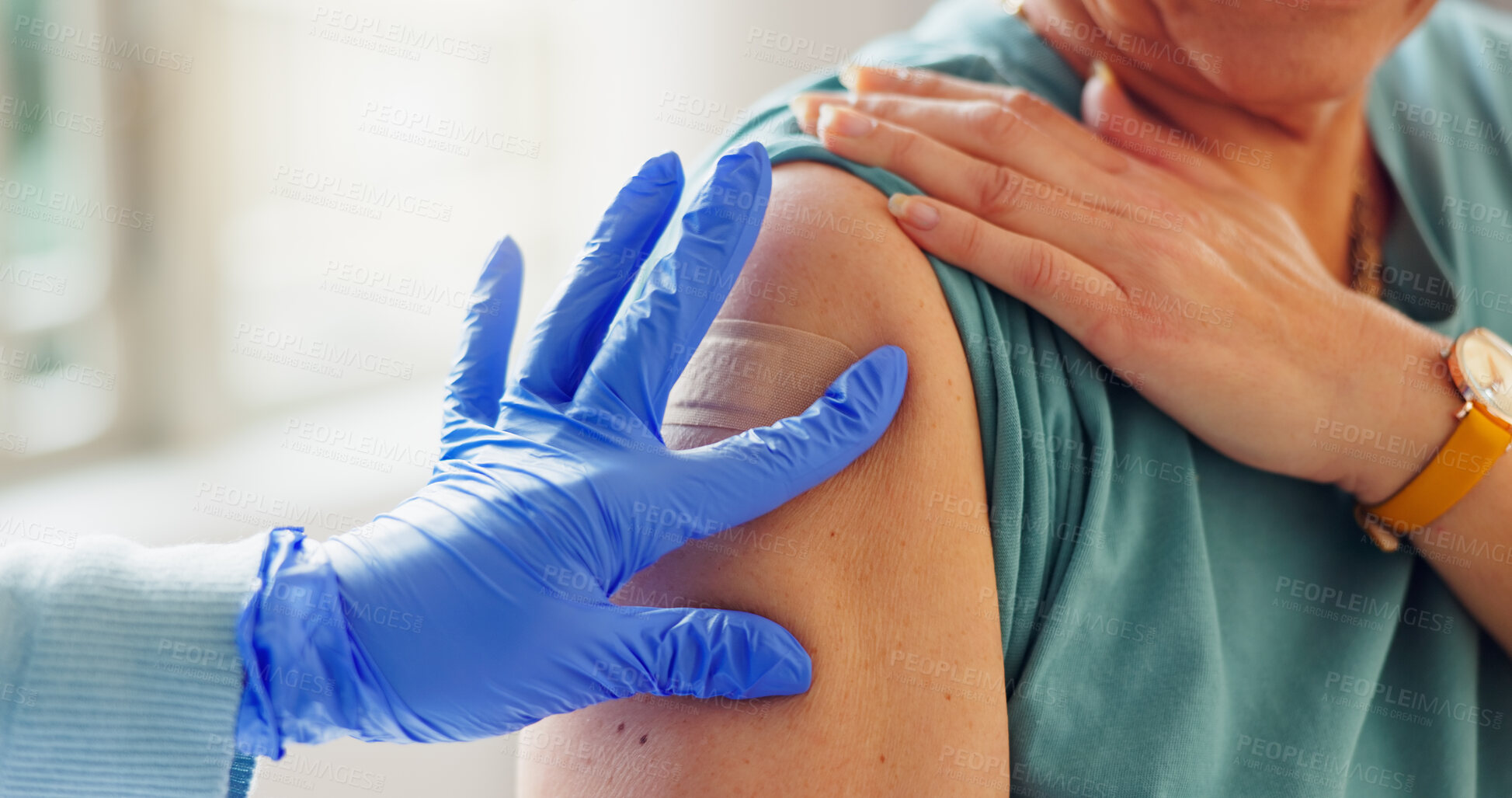 Buy stock photo Plaster, glove and hand of doctor with patient for injection, cure or vaccination in clinic. Medical, consultation and arm of person with bandage for immunization with healthcare worker in hospital.