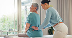 Back pain, physiotherapy and people with exam in office for medical support, injury or rehabilitation. Women, physiotherapist and senior patient in consultation for osteoporosis, recovery or progress