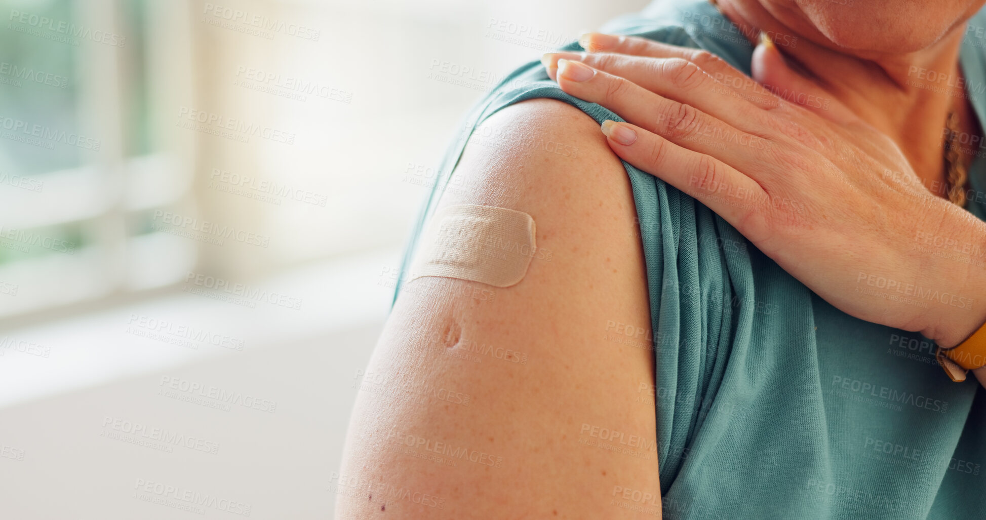 Buy stock photo Bandage, patient and arm of woman with vaccine, healthcare and immune system injection at hospital. First aid, clinic and consulting with wound care and safety gear for monkeypox disease and help