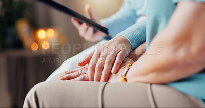 Buy stock photo Tablet, holding hands and doctor with patient for comfort for medical service, diagnosis and online results. Healthcare, hospital and people on digital tech for research, wellness and compassion