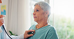 Stethoscope, examination and woman with doctor in office for medical, checkup or heart health. Healthcare, worker and assessment of patient at clinic for cardiac evaluation, help or respiratory sound