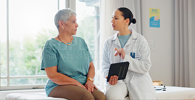 Buy stock photo Tablet, consulting and doctor with patient talking for medical service, assessment and online results. Healthcare, hospital and people on digital tech for research, wellness and explain diagnosis