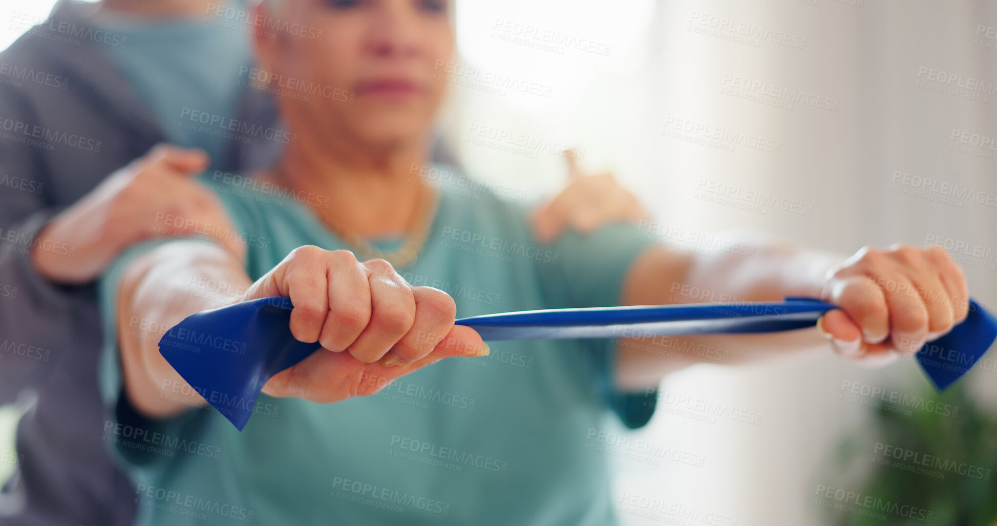 Buy stock photo Resistance band, physiotherapy and hands of woman for consulting, medical service and wellness. Healthcare, chiropractor and physical therapist with patient for rehabilitation, recovery and mobility