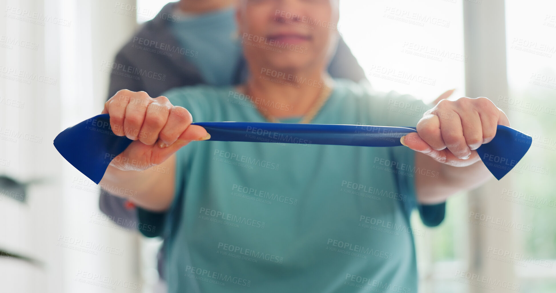 Buy stock photo Physiotherapy, resistance band and hands of person for consulting, medical service and wellness. Healthcare, chiropractor and physical therapist with patient for rehabilitation, recovery and mobility