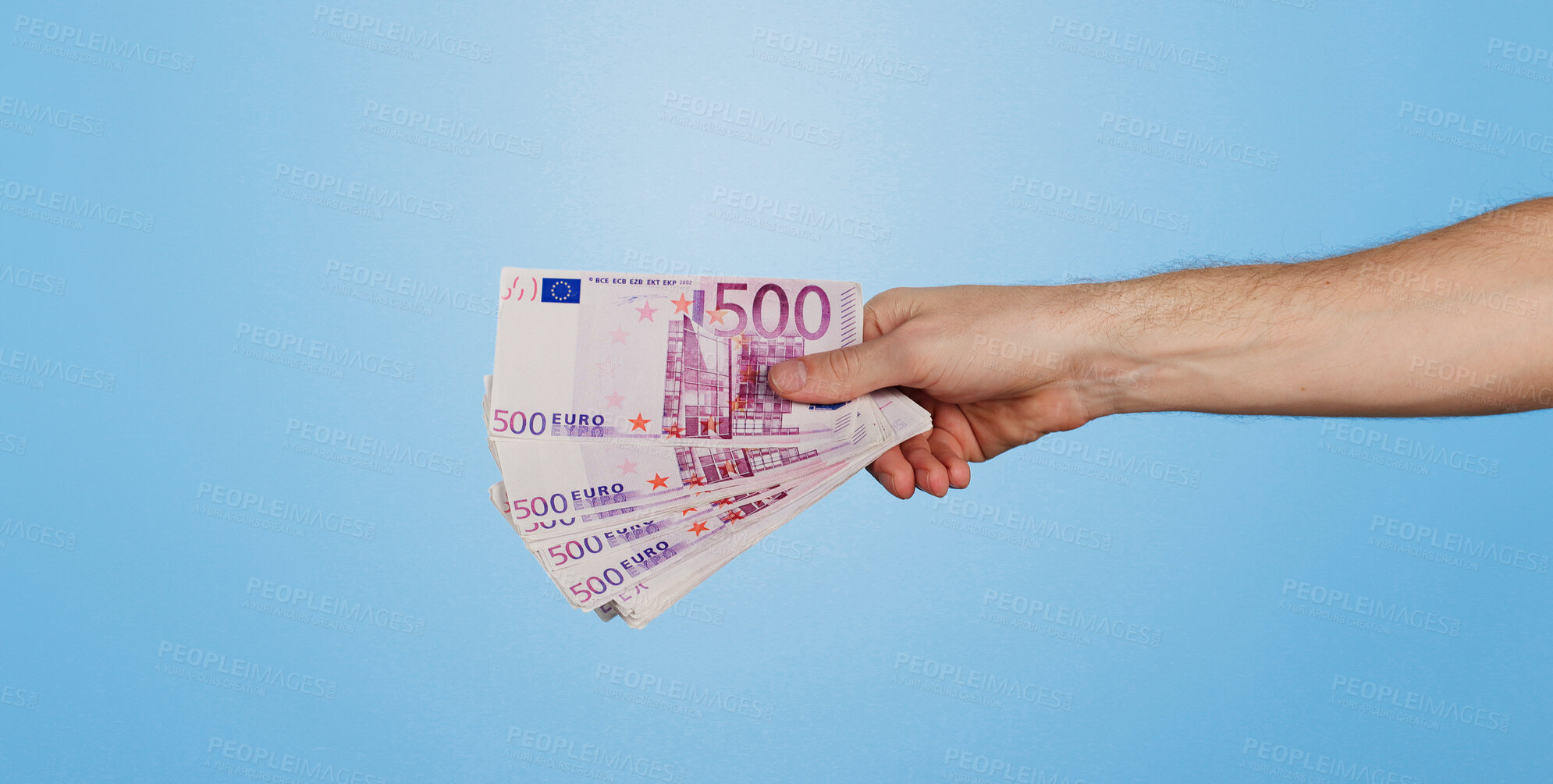 Buy stock photo Money fan, euros and hand of person in studio space with offer, bonus or prize giveaway for finance mockup. Cash, budget and model with bills for profit, savings or salary increase on blue background
