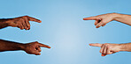 Pointing, mockup space and hands on blue background for information, announcement and news. Emoji, gesture and isolated group of people for showing direction, promotion and sale discount in studio