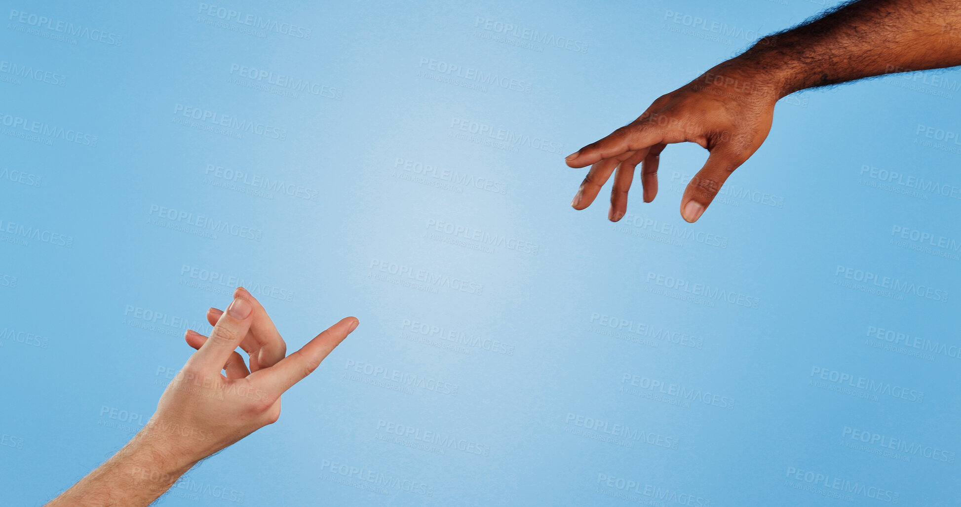 Buy stock photo Hands, people and reaching with pointing in studio with support, faith and spiritual symbol. Hope, community and helping with trust, connection and icon with kindness and care on blue background