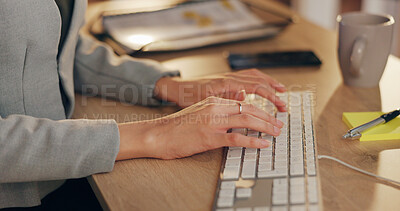 Buy stock photo Computer, office and hands of business person for online project, proposal and research. Corporate, professional and fingers typing on keyboard for internet, website and planning at desk for career