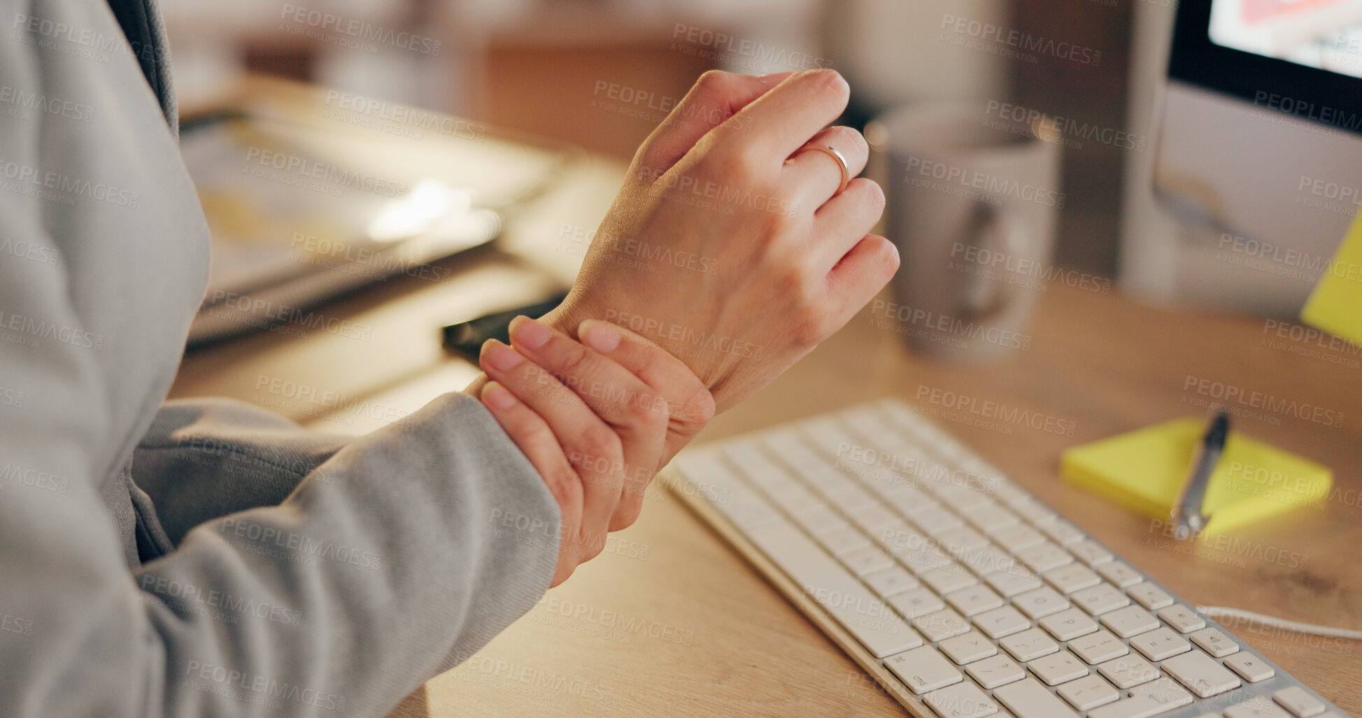 Buy stock photo Wrist pain, office and hands on business person with injury, strain and accident for typing on keyboard. Professional, corporate and worker with ache, spasm and medical crisis for carpal tunnel