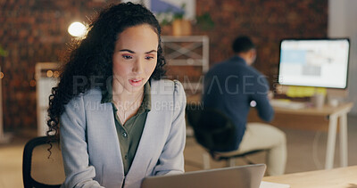 Buy stock photo Night, office and business woman on laptop for online project, proposal and research. Web design agency, professional and person on computer for internet, website and planning at desk for career