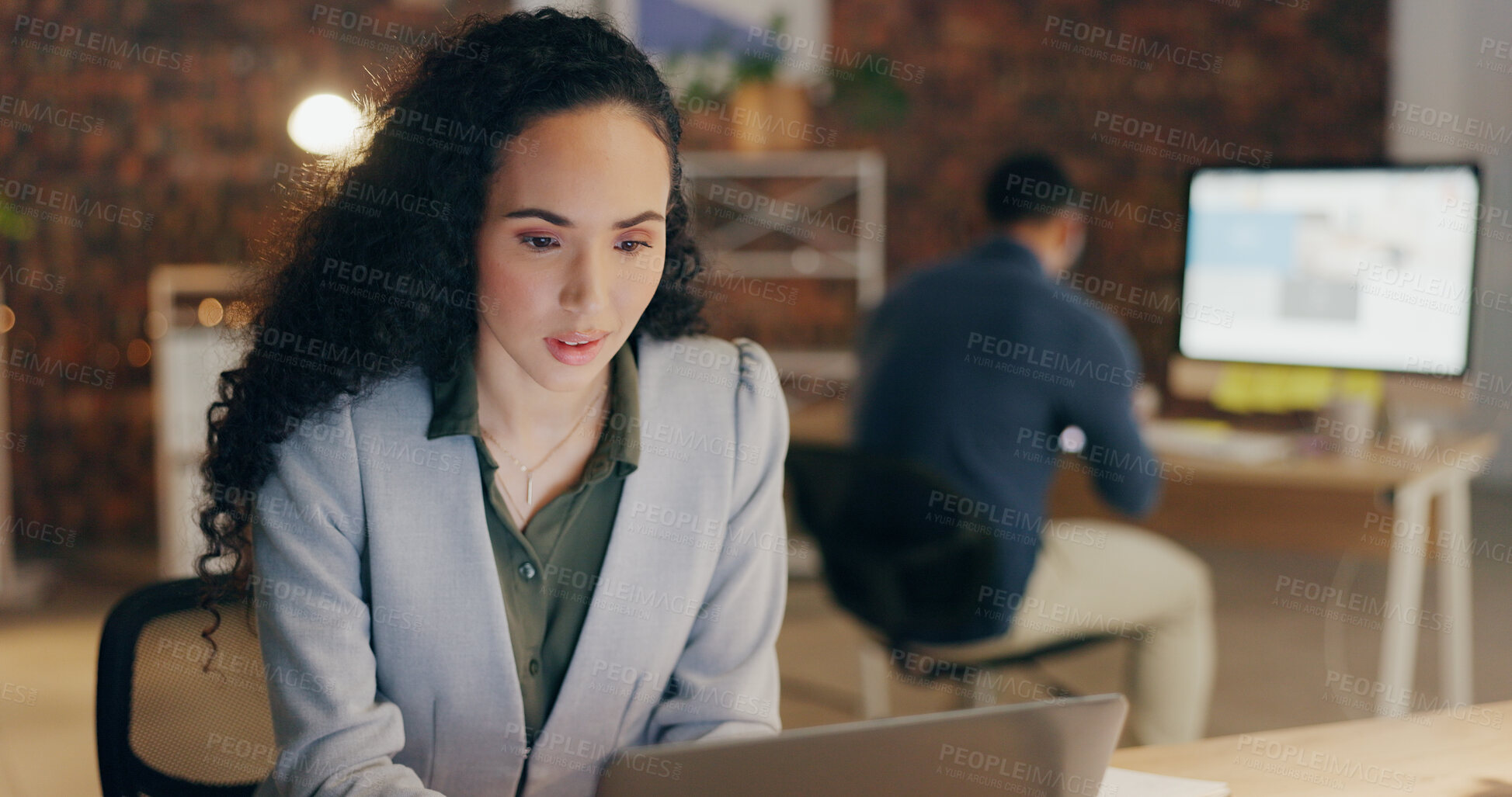 Buy stock photo Night, office and business woman on laptop for online project, proposal and research. Web design agency, professional and person on computer for internet, website and planning at desk for career