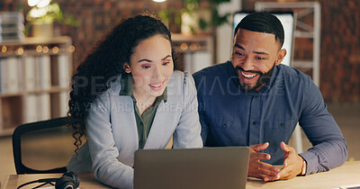 Buy stock photo Laptop, man and woman in office with teamwork, advice and late night collaboration at digital agency. Ideas, planning and business people with computer, discussion or proposal opinion at tech startup