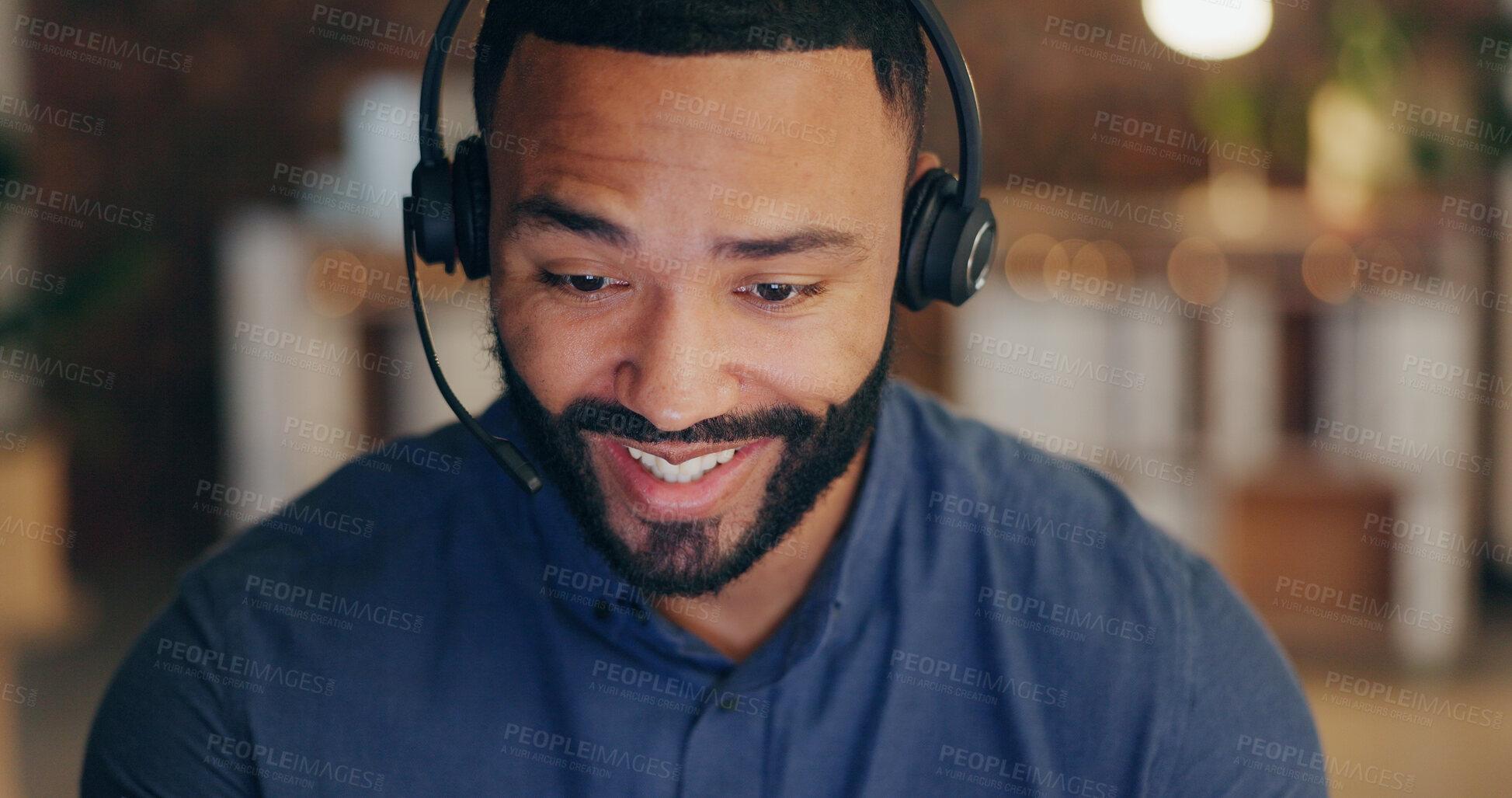 Buy stock photo Black man, happy and headset in office for call center, contact us and customer service with sales. Agent, smile and microphone in workplace for communication, lead generation or technical support