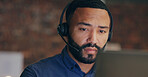 Black man, business and headset in office for call center, contact us and customer service with sales. Agent, crm and microphone in workplace for communication, lead generation or technical support