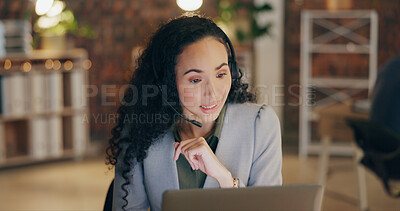 Buy stock photo Crm, business woman and laptop in office at night with conversation, customer support and virtual assistant. Headphones, discussion and call center agency with web consultation at desk with advice