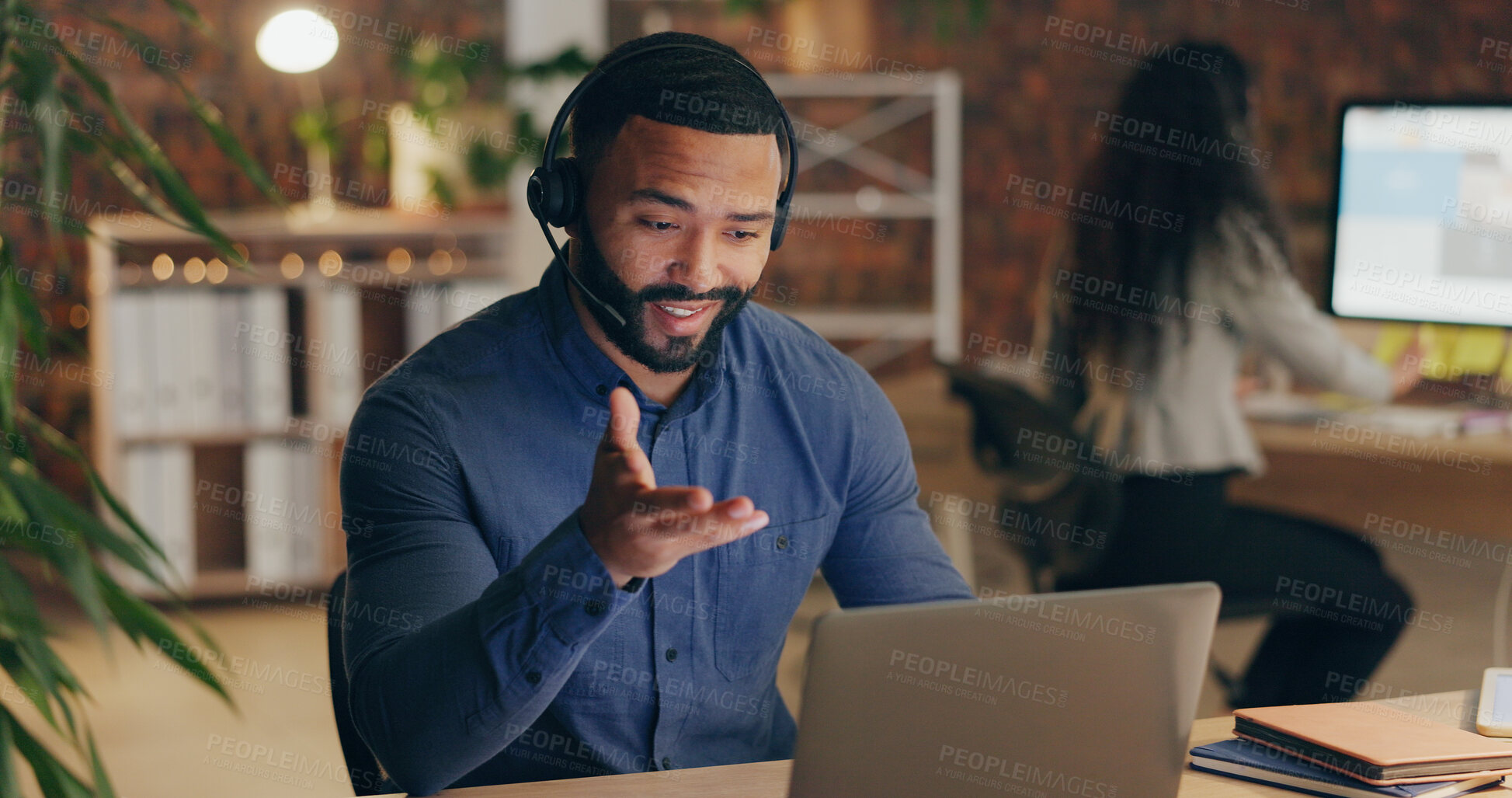 Buy stock photo Black man, laptop and headset in office for call center, contact us and customer service with sales. Agent, technology and talking in workplace for communication, lead generation or technical support