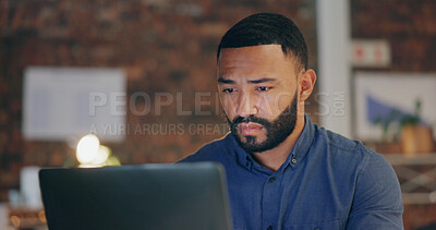 Buy stock photo Night, office and business man on laptop for online project, proposal and research. Web design agency, professional and person on computer for internet, website and planning at desk for career