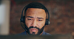 Black man, thinking and headset in office for call center, contact us and customer service with sales. Agent, idea and microphone in workplace for communication, lead generation or technical support