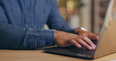 Buy stock photo Laptop, office and hands of business person on computer for online project, proposal and research. Corporate, professional and keyboard for internet, website and planning at desk for career.