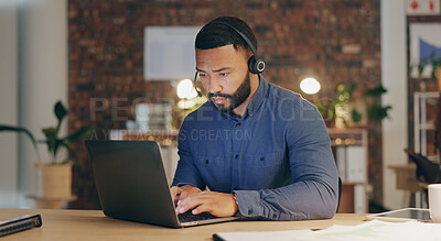 Buy stock photo Man, typing and headset in office for call center, contact us and customer service with sales. Agent, laptop and microphone in workplace for communication, lead generation or technical support