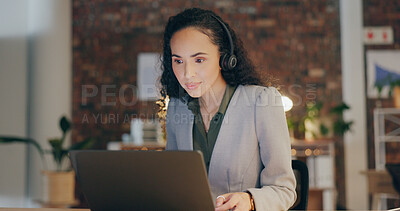 Buy stock photo Callcenter, business woman and laptop in office at night with conversation, customer support and virtual assistant. Headphones, discussion and contact center agency with web consultation at desk