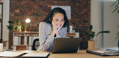 Buy stock photo Video call, good news and woman with headset, laptop and excited in office for late night webinar. Consultant, advisor or virtual assistant in online meeting with celebration, success or achievement