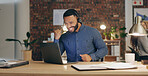 Black man, celebration and headset in office for call center, contact us and customer service with sales. Agent, happy and achievement in workplace for communication, success and technical support