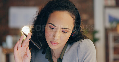 Buy stock photo Thinking, customer support and business woman in call center for service, telemarketing and crm contact. Night, professional and face of person with pen for working late, online consulting and help