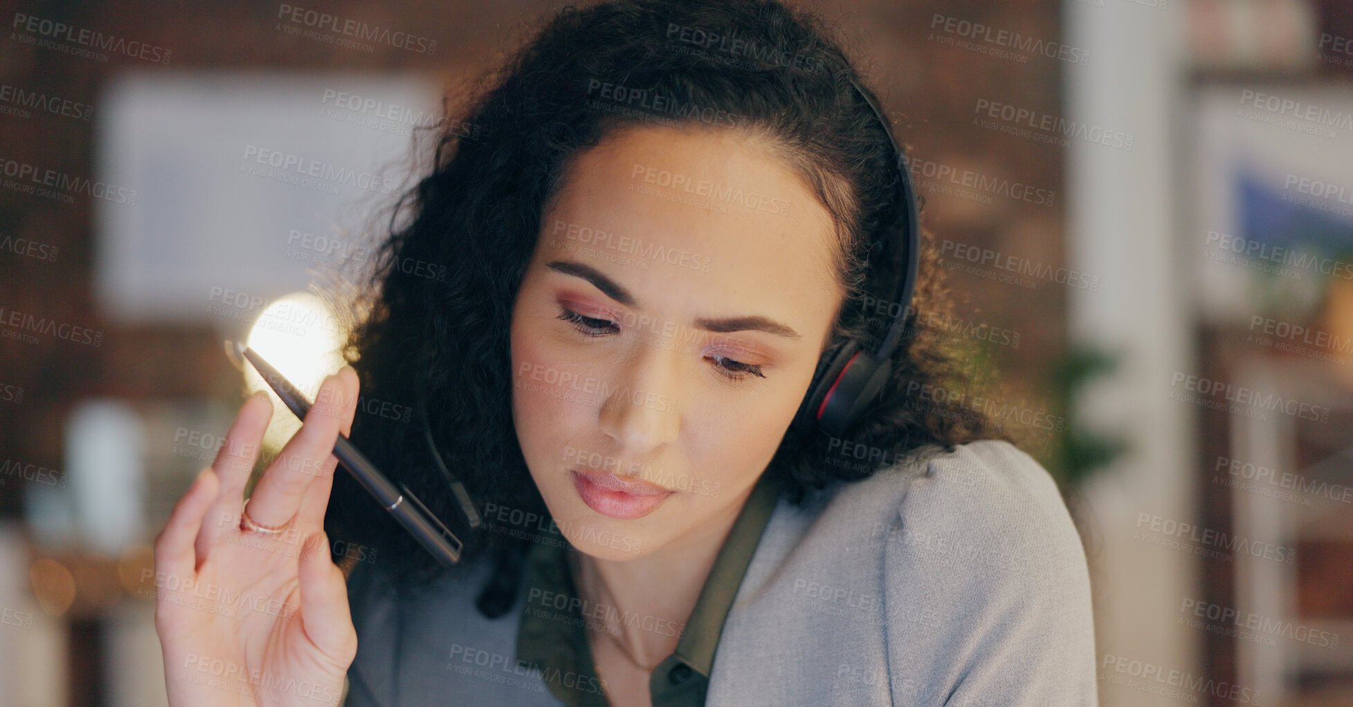 Buy stock photo Thinking, customer support and business woman in call center for service, telemarketing and crm contact. Night, professional and face of person with pen for working late, online consulting and help