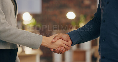 Buy stock photo Night, office and business people shaking hands for deal, agreement or collaboration at creative agency. Welcome, introduction and team handshake for partnership, project success or congratulations