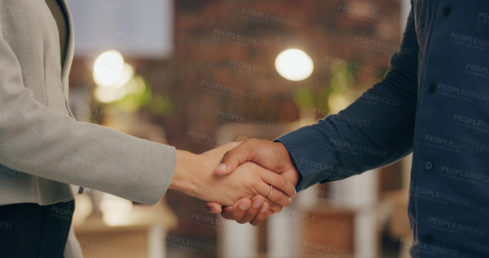 Buy stock photo Night, office and business people shaking hands for deal, agreement or collaboration at creative agency. Welcome, introduction and team handshake for partnership, project success or congratulations