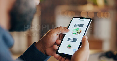 Buy stock photo Food, online and business man with phone for order, delivery and mobile app service in office. Website, menu and person on smartphone screen with option for lunch, dinner or meal on break at night